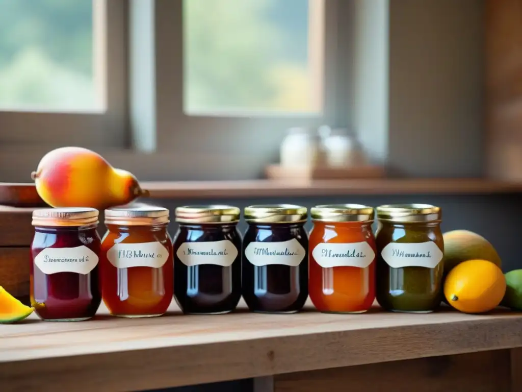 Una mesa rústica llena de tarros coloridos de chutneys y mermeladas caseras