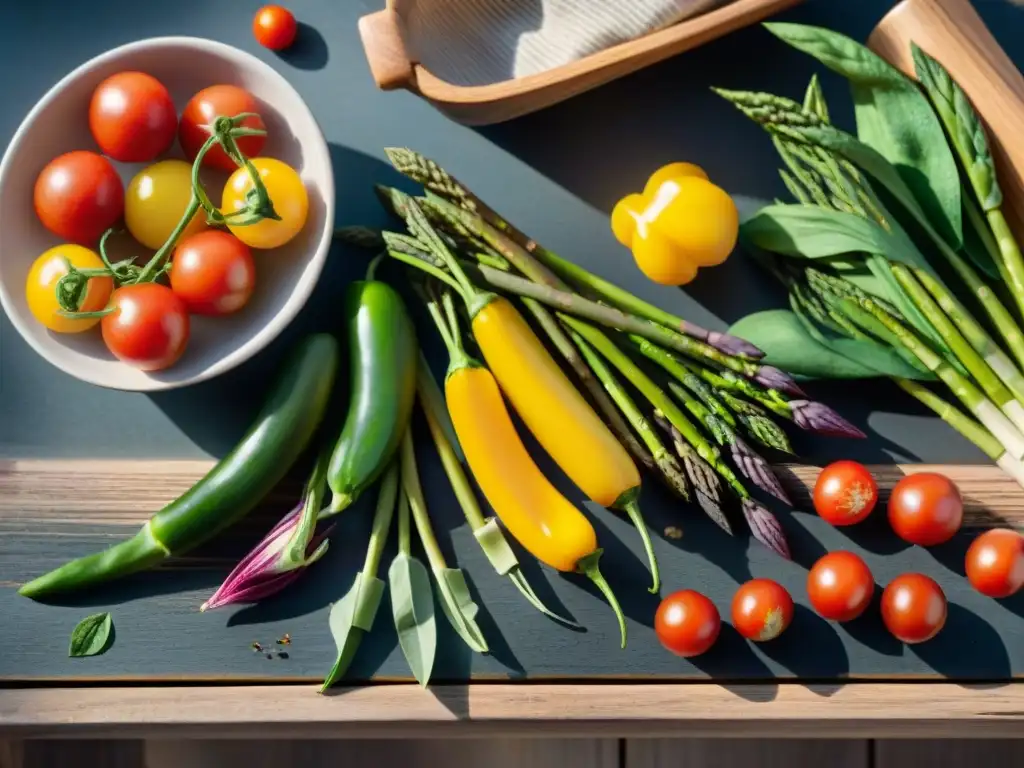 Una mesa rústica llena de vegetales frescos y coloridos en un jardín primaveral