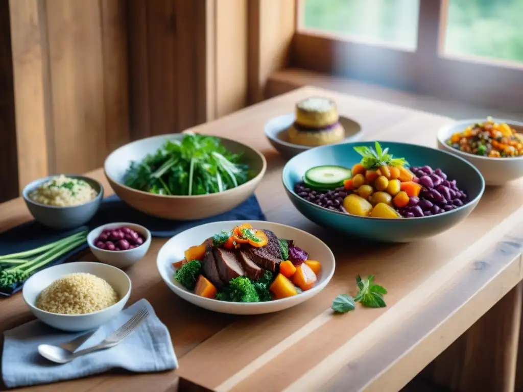 Una mesa rústica llena de vibrantes recetas veganas sin gluten de temporada, iluminadas por la luz natural