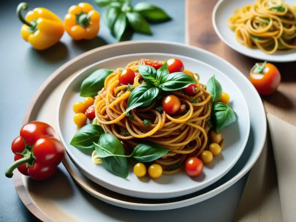 Una mesa rústica de madera con auténtica pasta vegana sin gluten en un ambiente acogedor y colorido