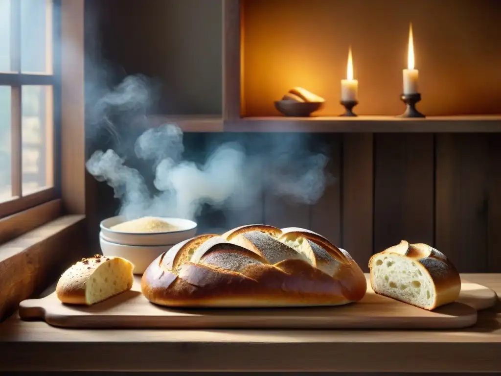 Una mesa rústica de madera con panes fermentados sin gluten recién horneados, texturas y aromas que invitan a disfrutar