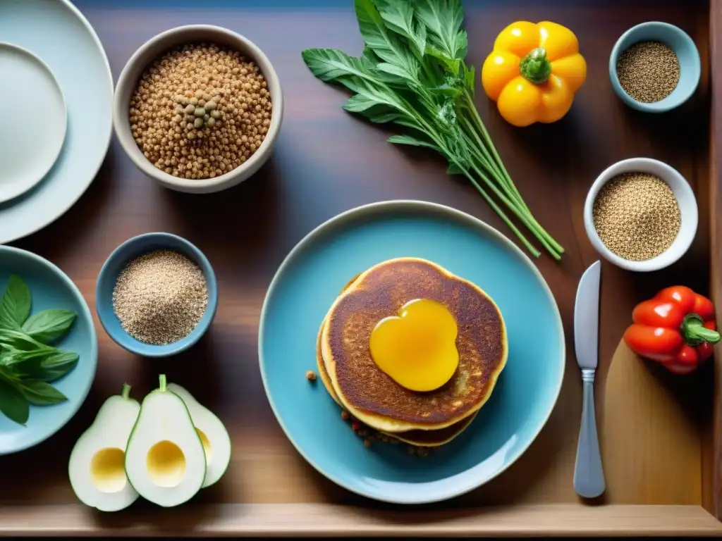 Una mesa rústica de madera con platos coloridos de recetas sin gluten con alforfón, en una acogedora cocina iluminada naturalmente