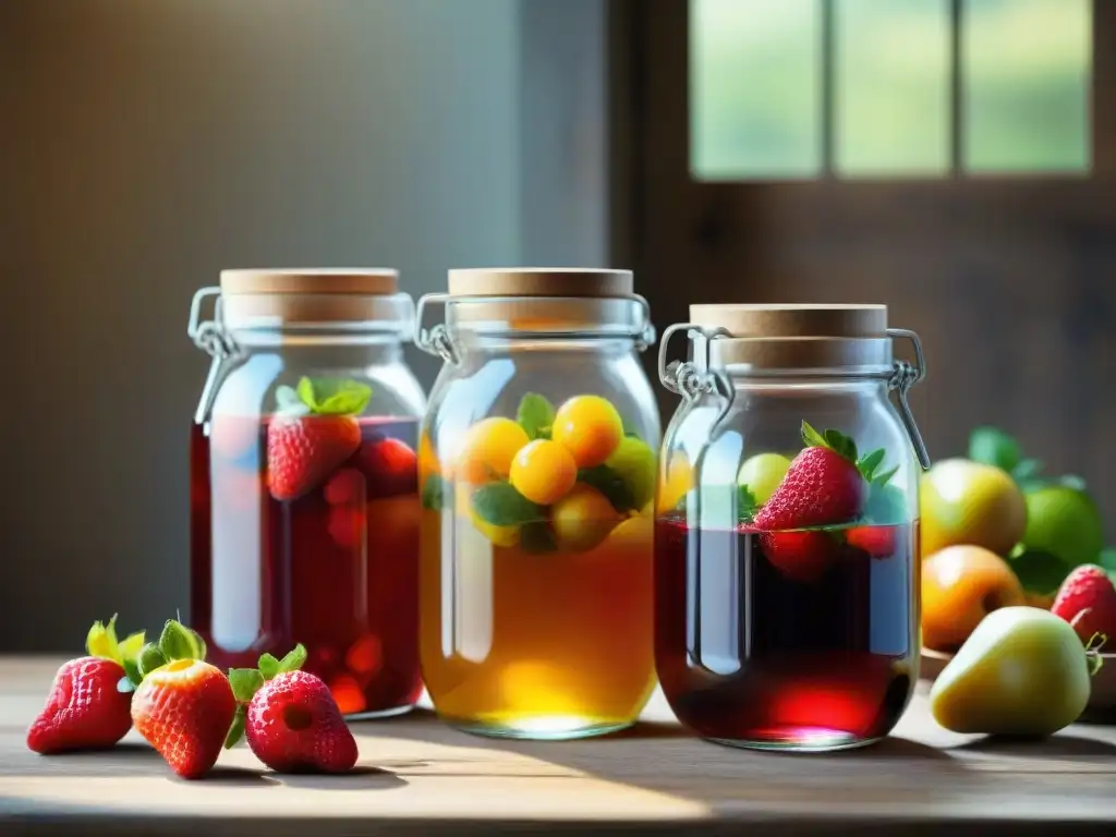 Una mesa rústica de madera repleta de frutas frescas vibrantes y frascos de vinagre de frutas sin gluten