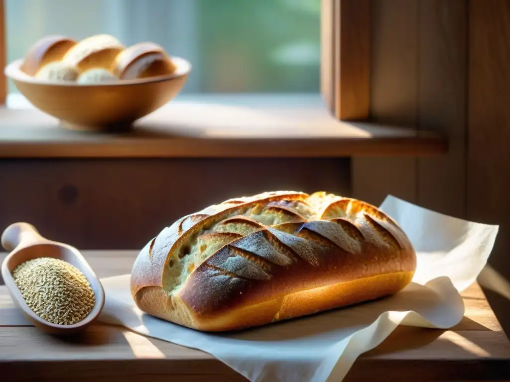 Una mesa rústica de madera con una variedad de panes sin gluten recetas innovadoras, adornados con semillas y granos, bañados por la luz del sol