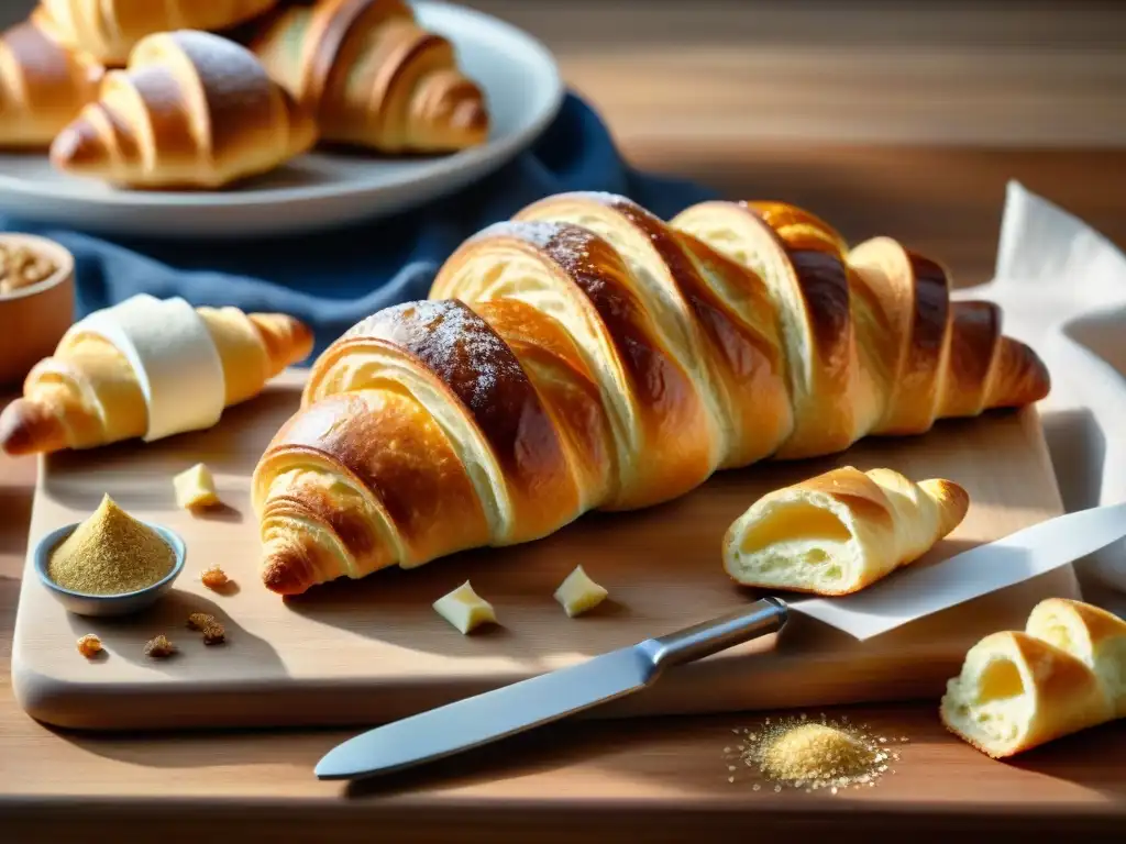 Una mesa rústica de madera con variedad de panadería francesa sin gluten recién horneada