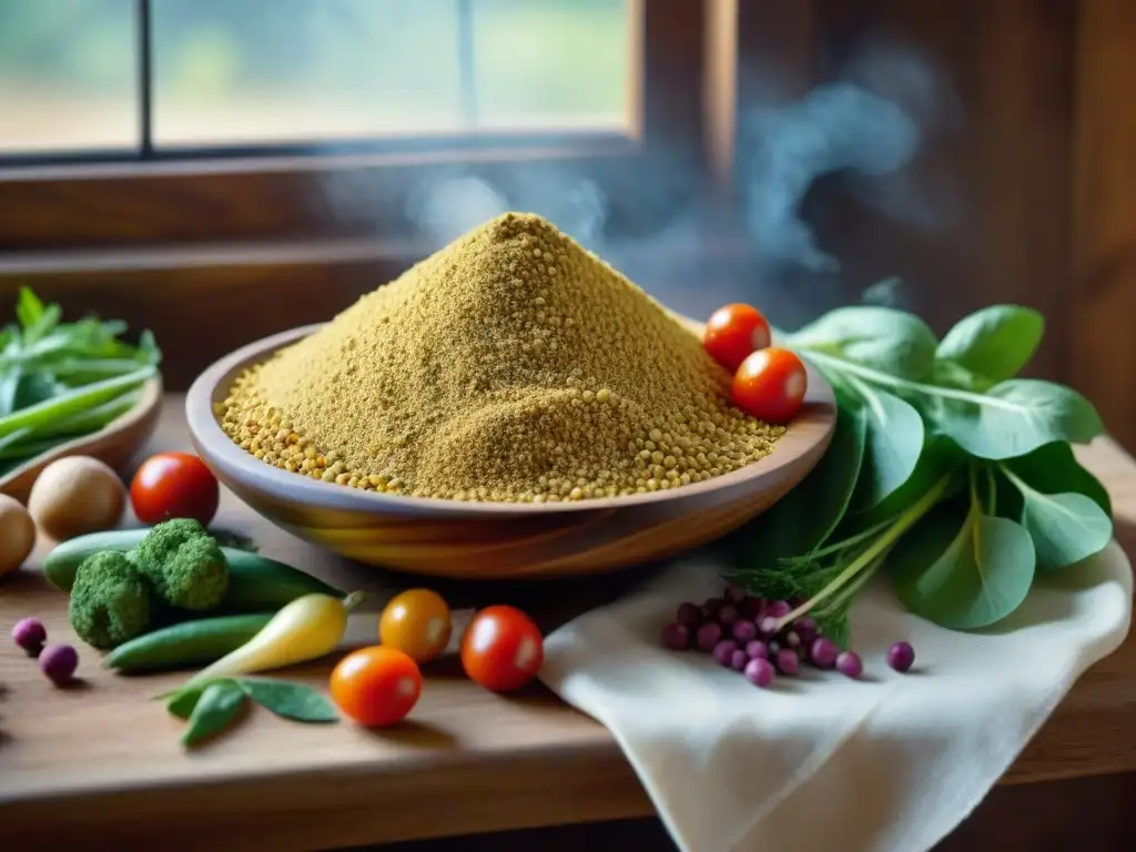 Una mesa rústica de madera con vegetales y legumbres coloridas