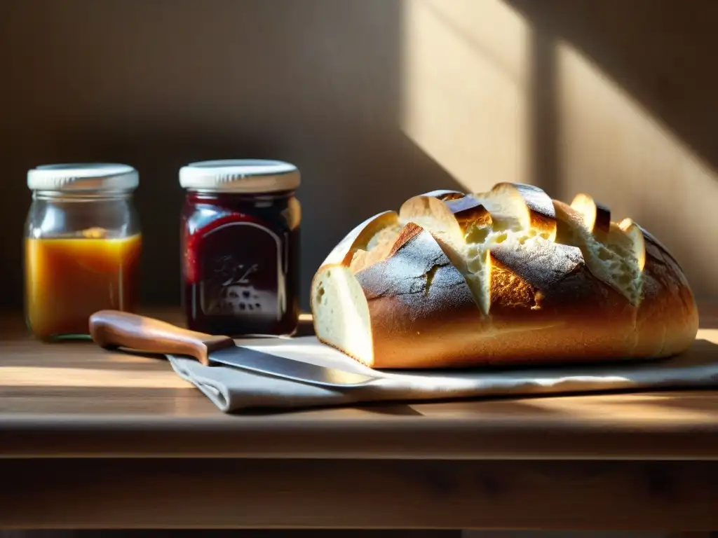 Una mesa rústica con pan sin gluten artesanal receta, mermelada casera y cuchillo vintage