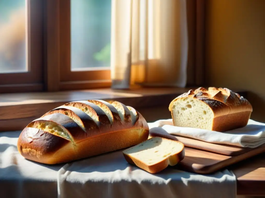 Una mesa rústica con pan sin gluten variado, libros de recetas y ingredientes innovadores, bañados por luz cálida