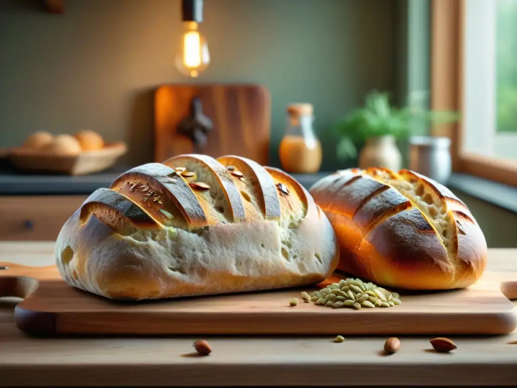 Una mesa rústica con panes fermentados sin gluten recién horneados, decorados con semillas y granos, en un acogedor ambiente de cocina