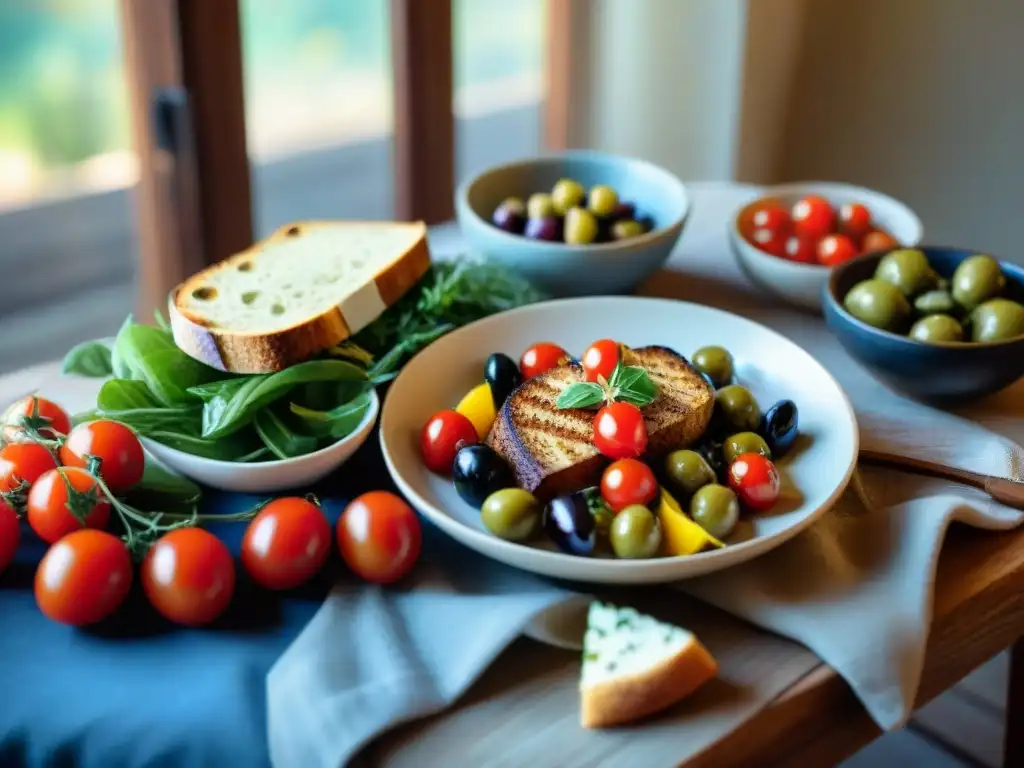 Una mesa rústica con platos coloridos de la dieta mediterránea sin gluten, bañados por la luz solar