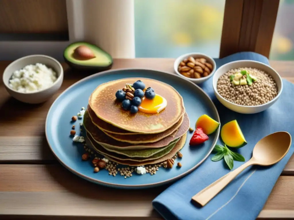 Una mesa rústica con platos coloridos de recetas sin gluten con alforfón, como panqueques, ensalada, y gachas, bañados por luz natural