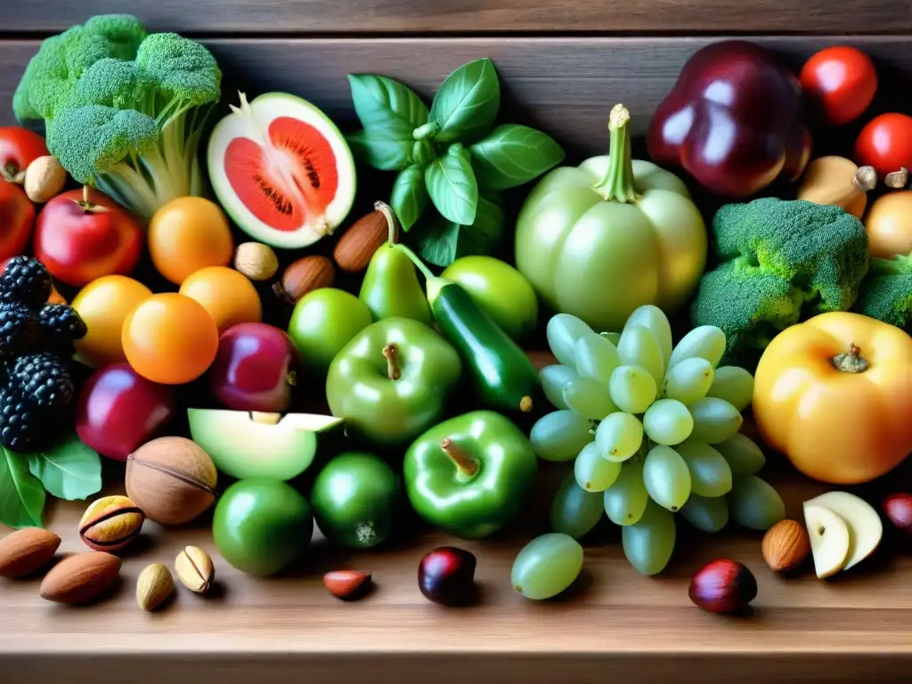 Una mesa rústica rebosante de frutas, verduras, frutos secos y proteínas magras frescas