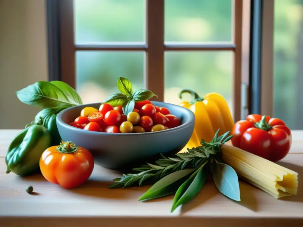 Una mesa rústica rebosante de ingredientes sin gluten para recetas de cocina italiana