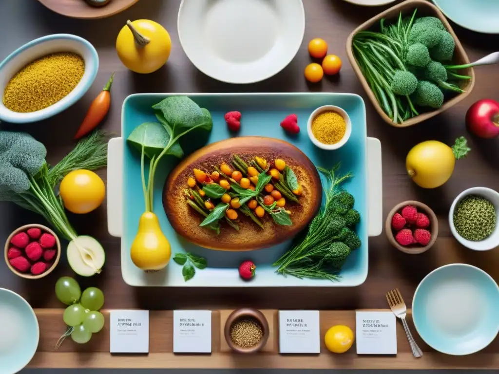 Una mesa rústica con recetas sin gluten estacionales innovadoras en una cocina soleada y luminosa