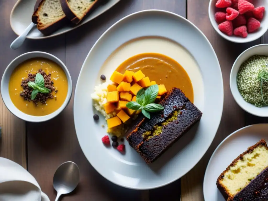 Una mesa rústica con recetas innovadoras sin gluten sabrosas: ensalada de quinoa, pan, sopa de calabaza y pastel de chocolate