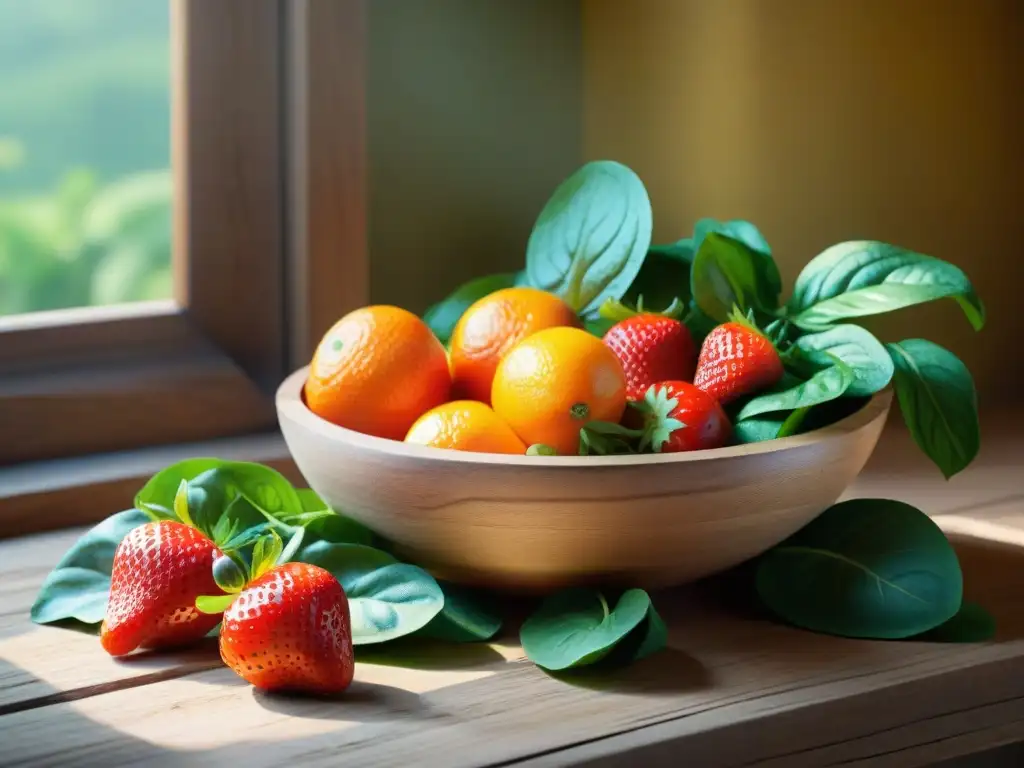 Una mesa rústica repleta de frutas y verduras frescas, como fresas, naranjas, pimientos y espinacas, bañadas por la luz del sol