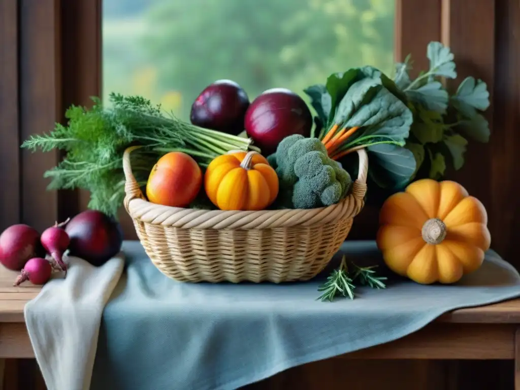 Una mesa rústica repleta de vegetales de otoño y hierbas frescas, bañada por luz natural