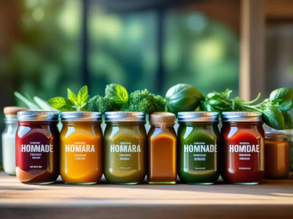 Una mesa rústica con salsas sin gluten sin lácteos en frascos coloridos, rodeada de ingredientes frescos y luz cálida