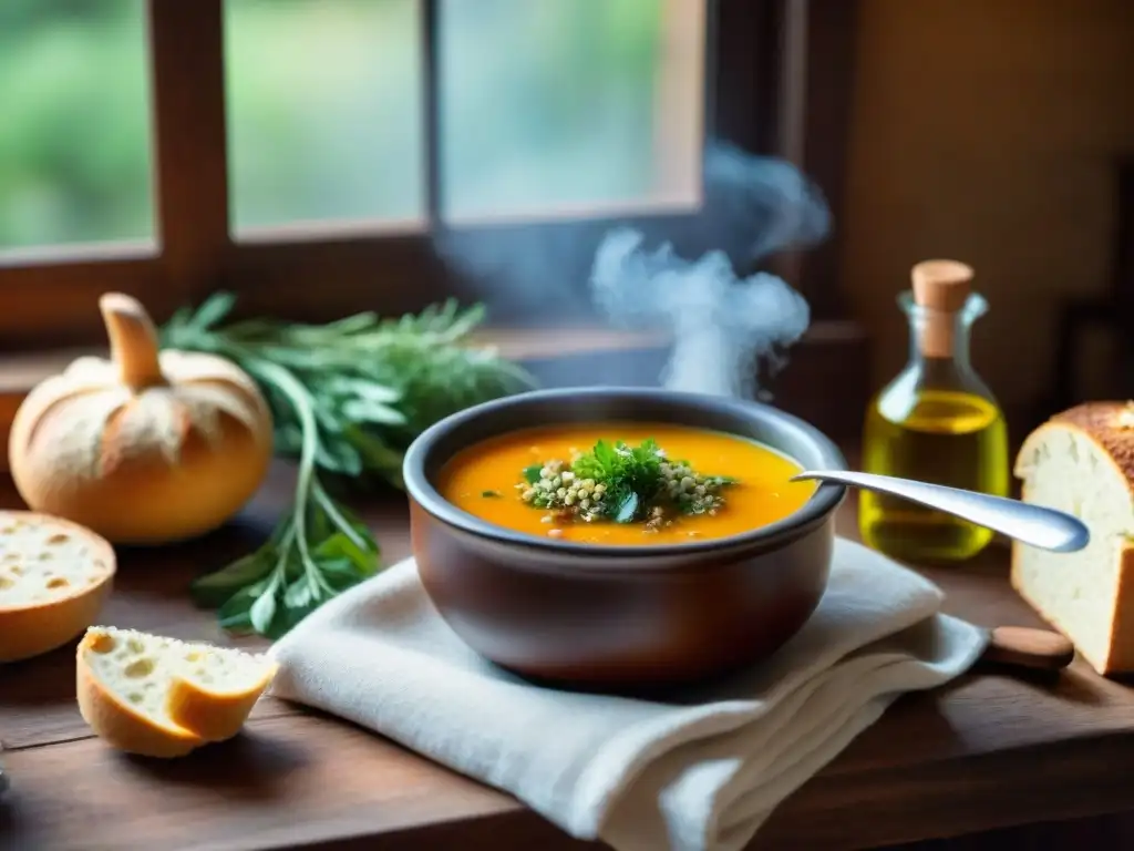 Una mesa rústica con sopas de otoño sin gluten, pan y una cuchara vintage en una cocina acogedora