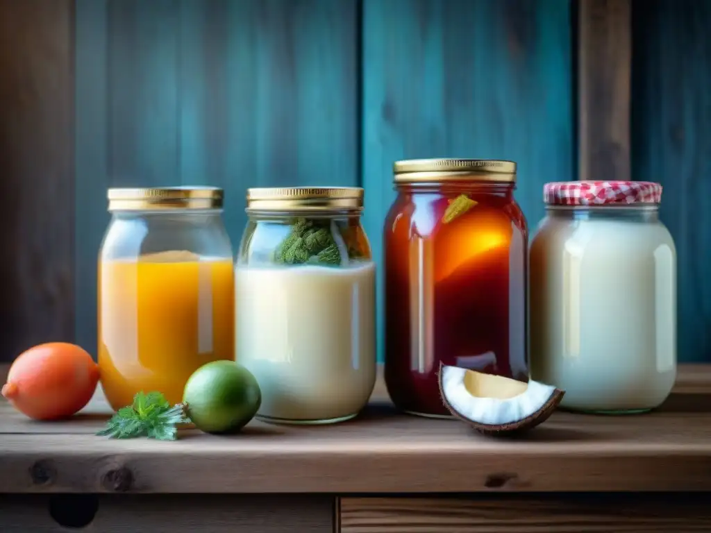 Deliciosas conservas fermentadas sin gluten en frascos coloridos Una mesa rústica con tarros coloridos de alimentos fermentados sin gluten, destacando beneficios digestibilidad