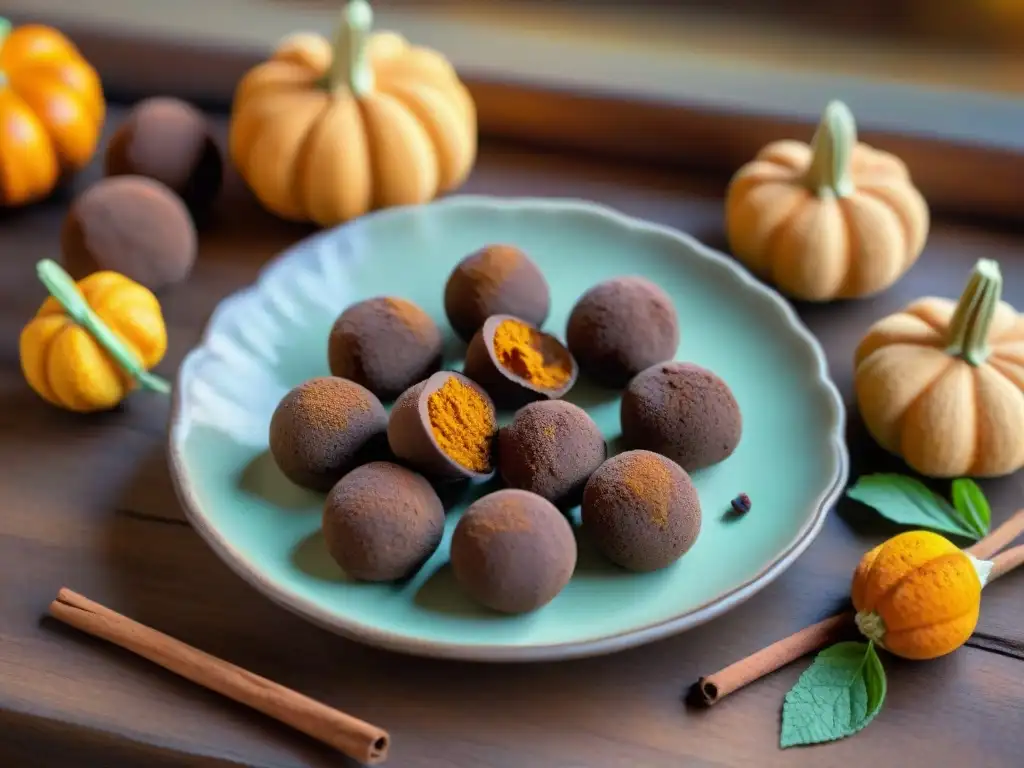 Una mesa rústica con trufas de calabaza sin gluten, calabazas enteras, canela y menta fresca, iluminada por luz natural