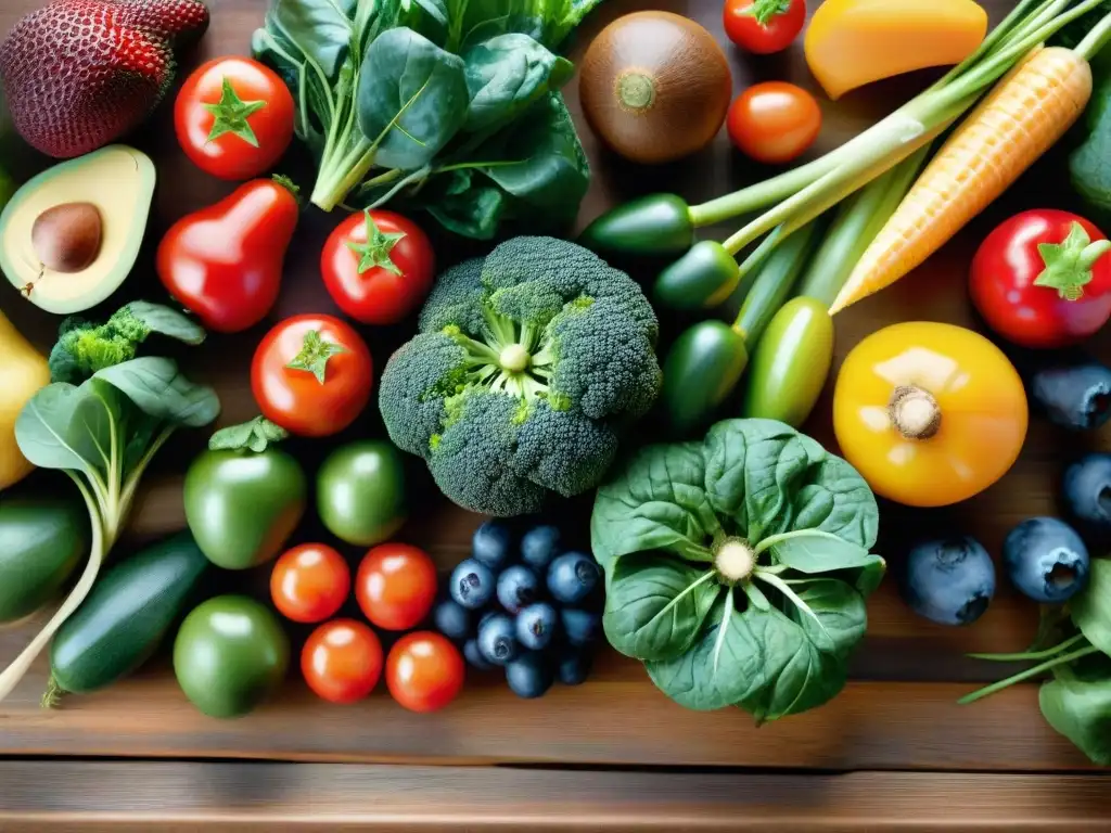 Una mesa rústica con una variada selección de frutas y verduras frescas y coloridas, ideal para una dieta sin gluten bajos carbohidratos