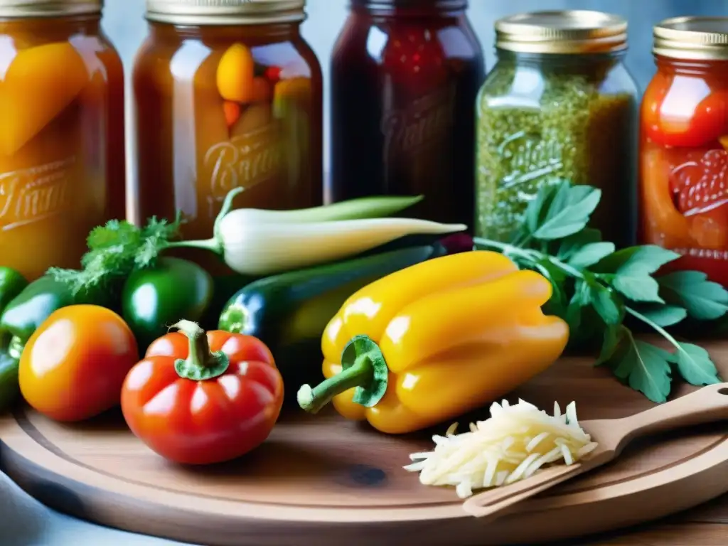 Una mesa rústica con una variedad de alimentos latinos fermentados rodeados de hierbas frescas y tomates, evocando tradición culinaria