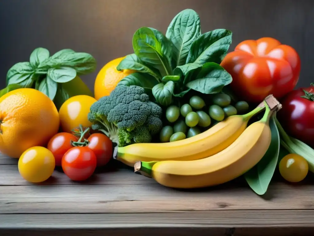 Una mesa rústica con una variedad de frutas y verduras frescas y coloridas, ricas en vitaminas para dieta sin gluten