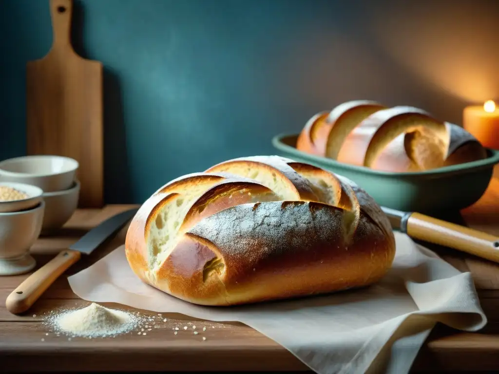 Una mesa rústica con variedad de panes sin gluten mejor valorados, hornados artísticamente y dispuestos con calidez en una cocina acogedora