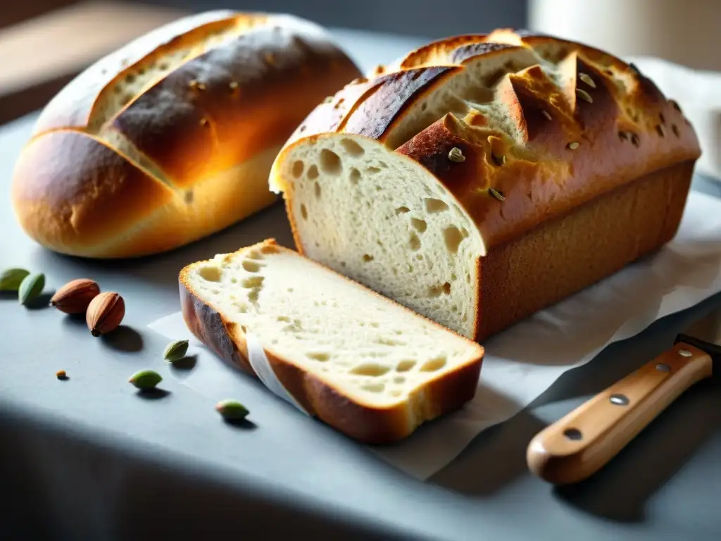 Una mesa rústica con una variedad de panes sin gluten sin lácteos, decorados con semillas, frutos secos y hierbas, en luz cálida