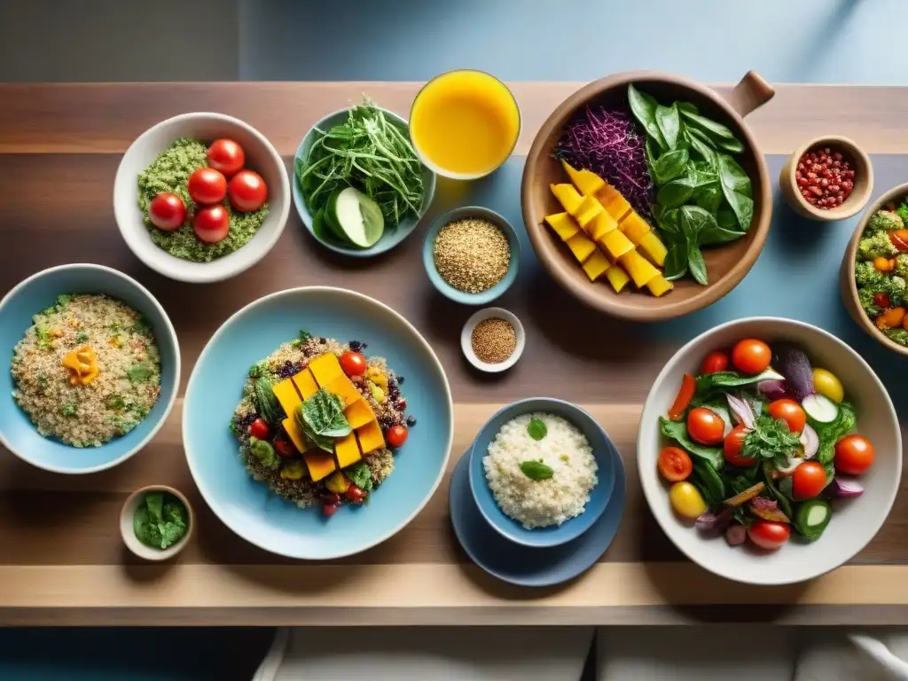 Una mesa rústica con una variedad de platillos coloridos y vibrantes, evocando una dieta sin gluten equilibrada y segura