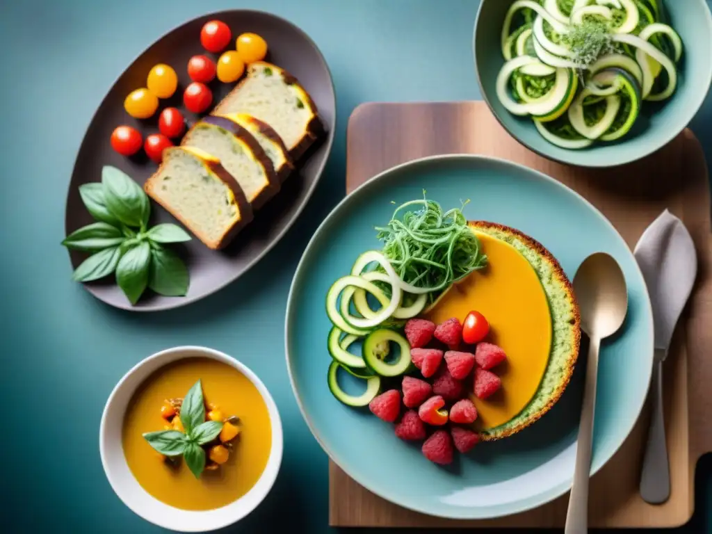 Una mesa rústica con una variedad de platos sin gluten coloridos y apetitosos