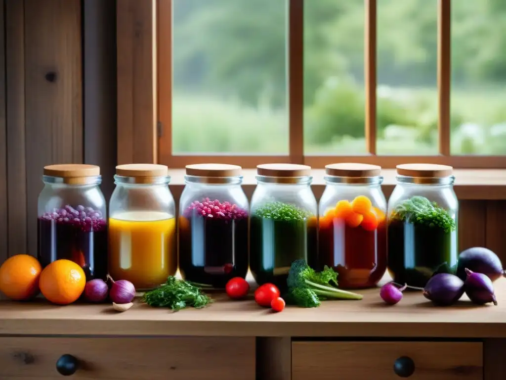 Una mesa rústica con variedad de vegetales fermentados en tarros y bowls, colores vibrantes sobre madera