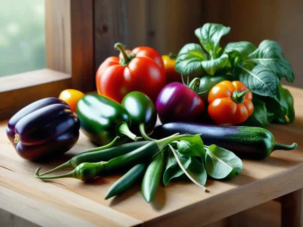 Una mesa rústica con vegetales frescos y coloridos, listos para recetas veganas sin gluten de temporada