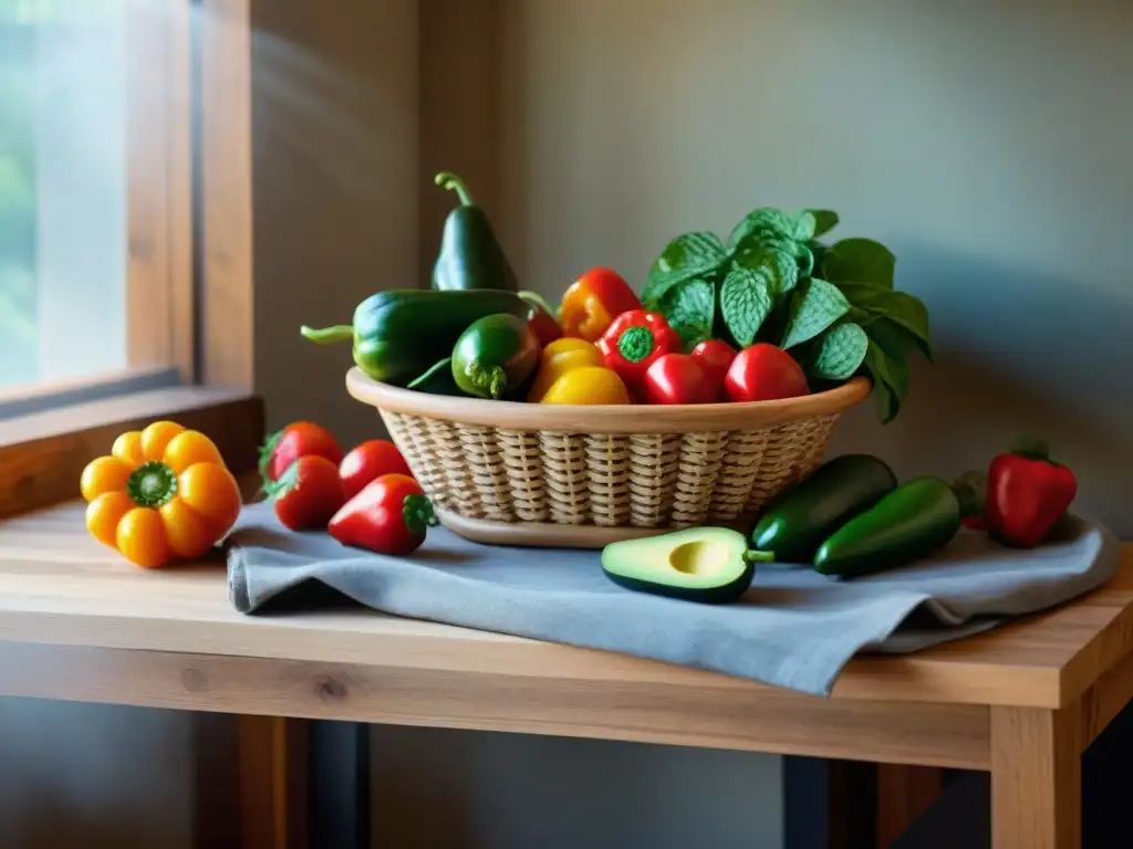 Una mesa rústica con vegetales y frutas coloridas resplandece bajo la luz del sol