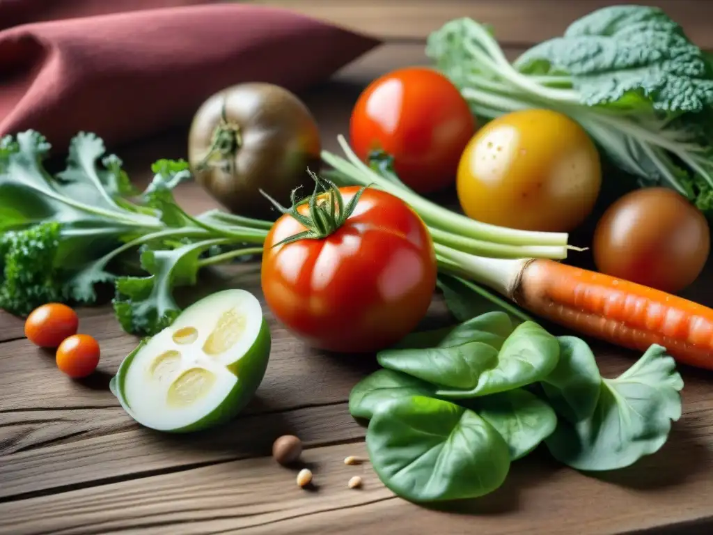 Una mesa rústica con verduras orgánicas recién cosechadas: tomates rojos, lechuga verde, zanahorias naranjas y papas marrones