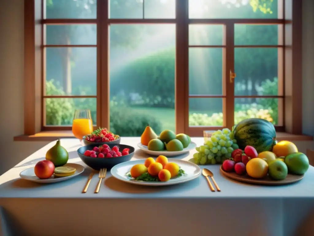 Una mesa serena y acogedora con platos coloridos sin gluten, bañada en luz natural