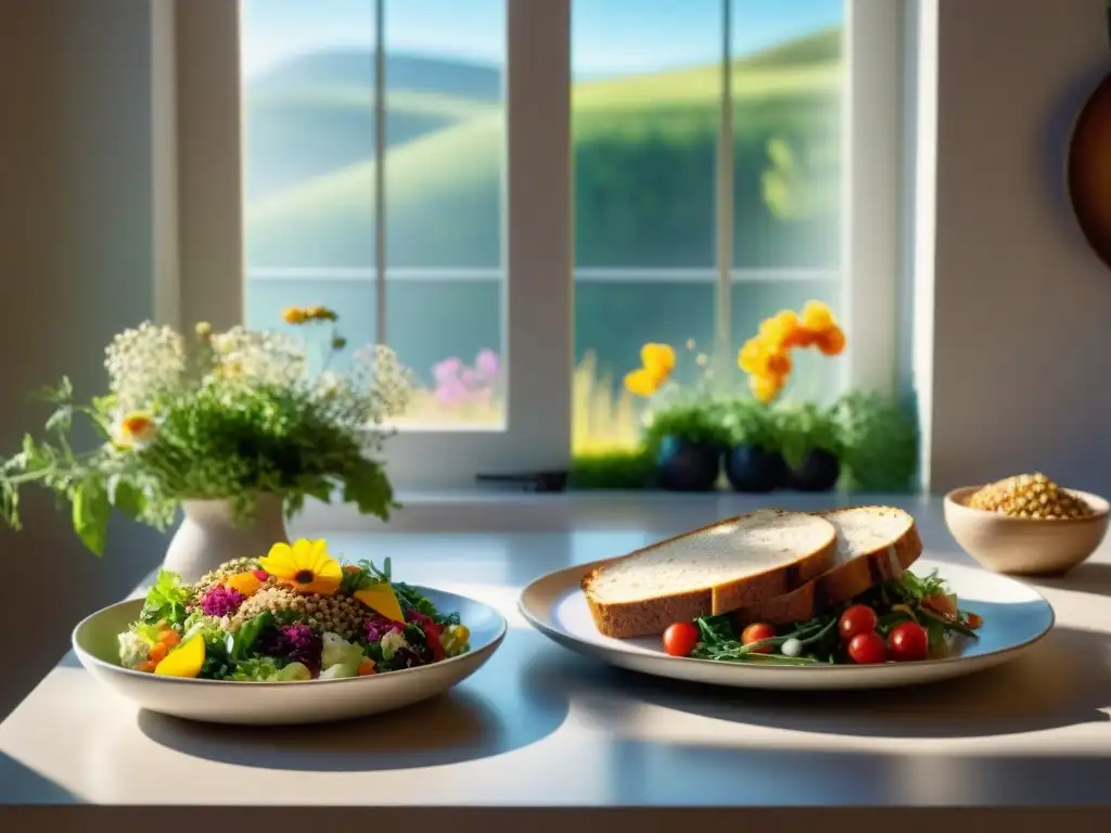 Una mesa serena y soleada con platos coloridos sin gluten, resaltando frescura y salud