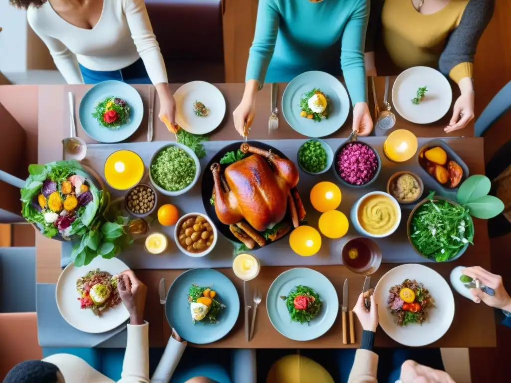 Una mesa exquisitamente servida donde un grupo diverso disfruta de una deliciosa comida sin gluten juntos, transmitiendo conexión y alegría