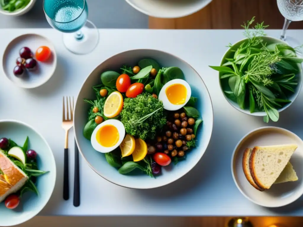 Una mesa variada y acogedora con deliciosos platos sin gluten, resaltando colores y texturas