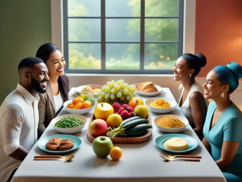 Una mesa con variedad de platos sin gluten y personas diversas sonrientes, creando un ambiente cálido de comunidad celíaca recursos en línea