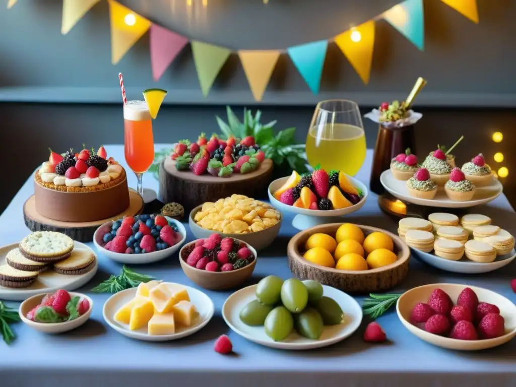 Una mesa vibrante y colorida en una fiesta de despedida sin gluten, llena de delicias y bebidas