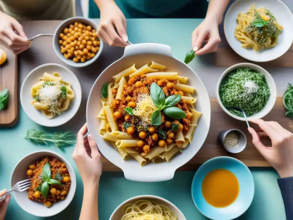 Una mesa vibrante con deliciosas recetas de pastas sin gluten innovadoras, creando un ambiente acogedor y apetitoso