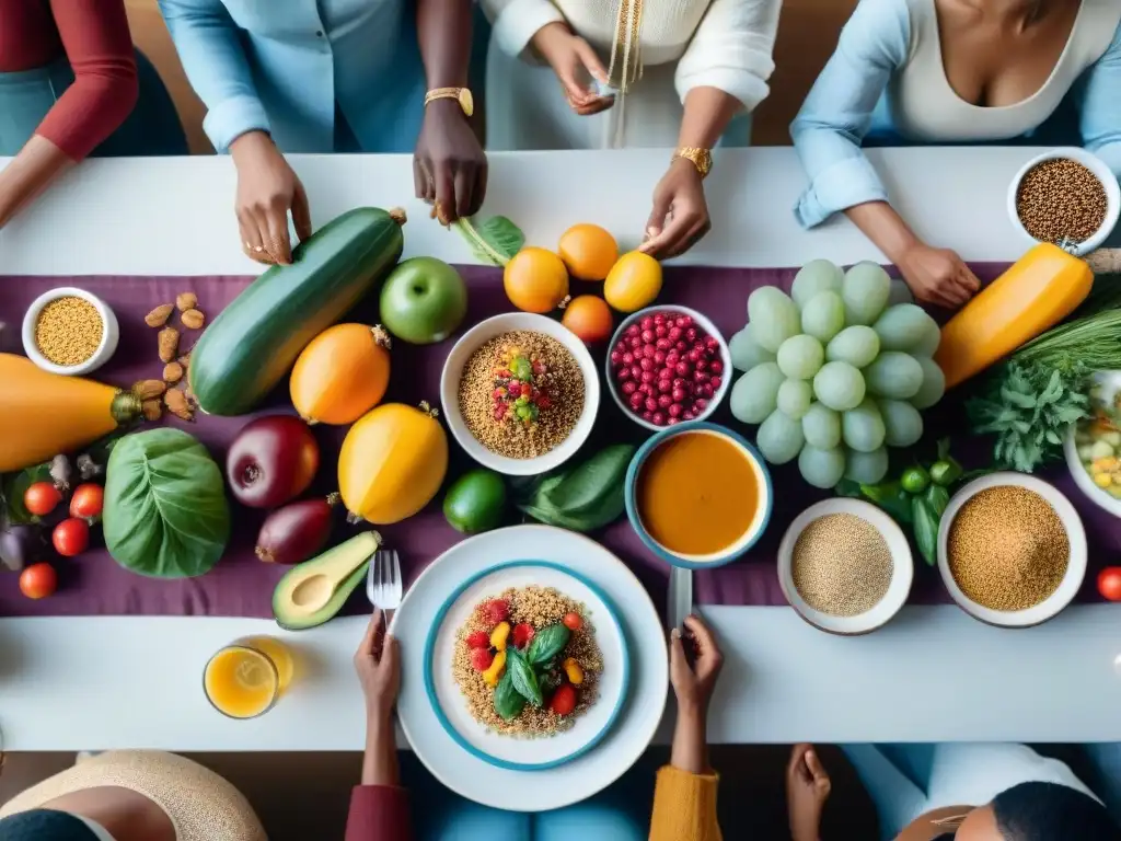 Una mesa vibrante y diversa con delicias veganas sin gluten, celebrando la influencia culinaria y la comunidad