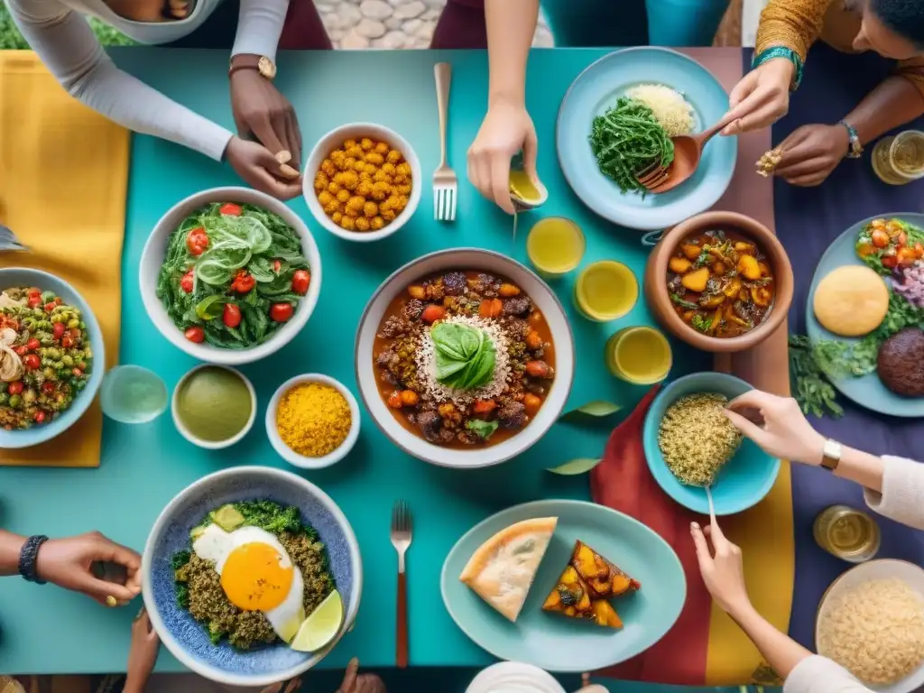 Una mesa vibrante con platos libres de gluten, personas de diversas culturas compartiendo experiencias