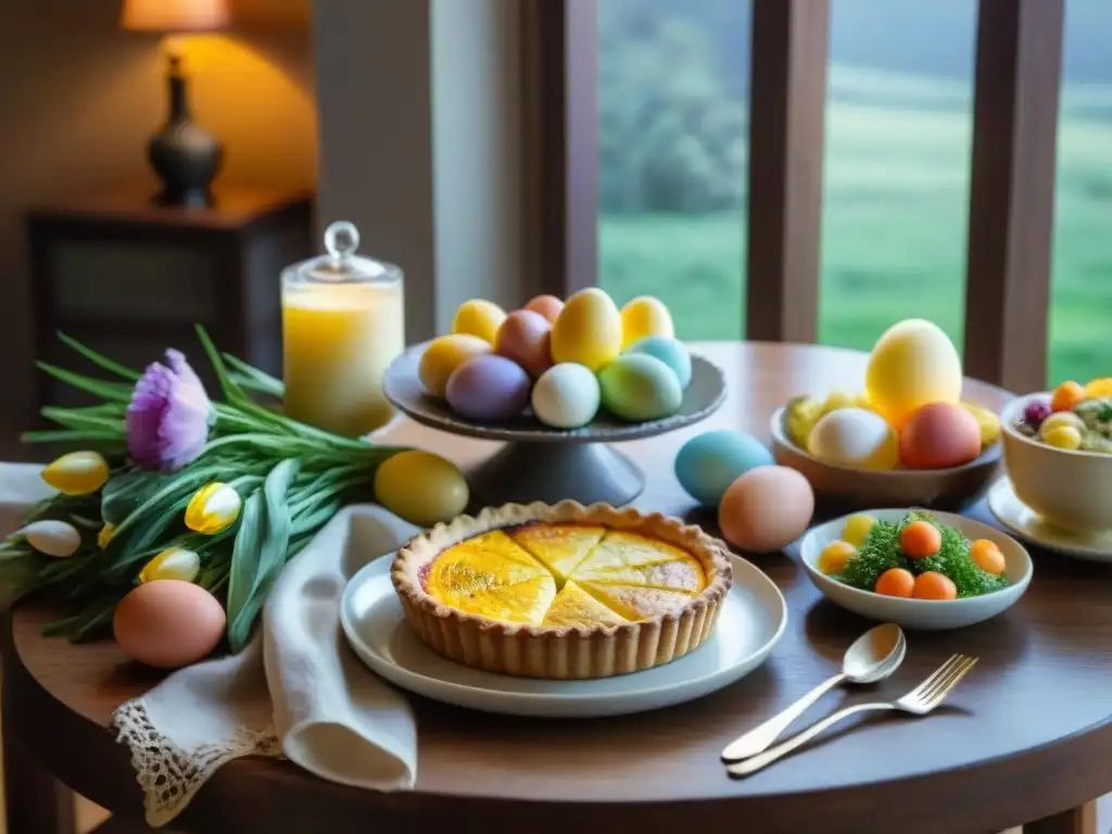 Mesas de brunch de Pascua sin gluten bellamente decoradas con quiche, ensalada de frutas y pan artesanal, en un ambiente acogedor y festivo