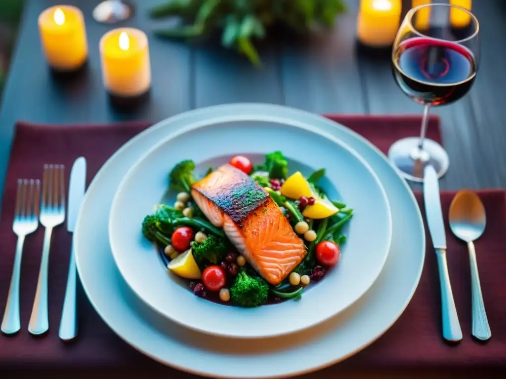 Mesas elegantes con copas de vino tinto y platos sin gluten, maridaje vinos sin gluten