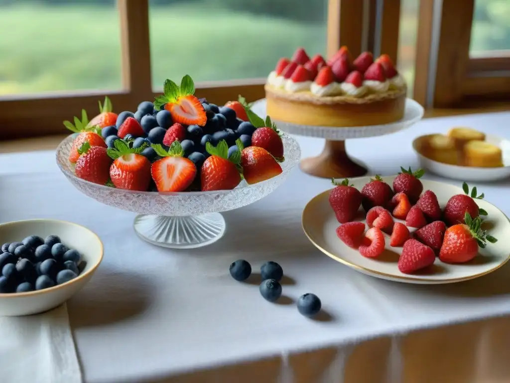 Mesas festivas sin gluten: frutas frescas y pasteles decorados con flores comestibles en una elegante presentación