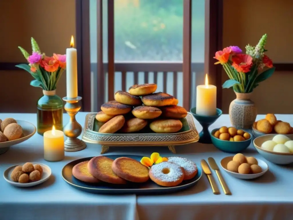 Mesas de Semana Santa Sin Gluten con torrijas, potaje de vigilia y buñuelos, decoradas con flores y velas