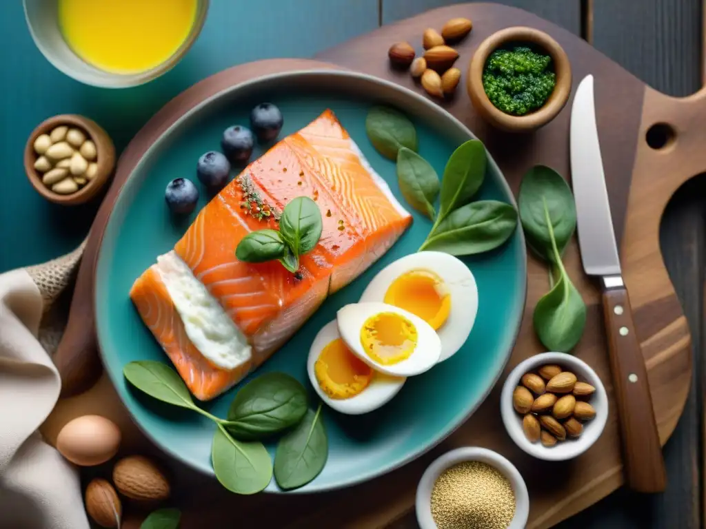 Una mezcla colorida de alimentos ricos en nutrientes esenciales en una mesa de madera